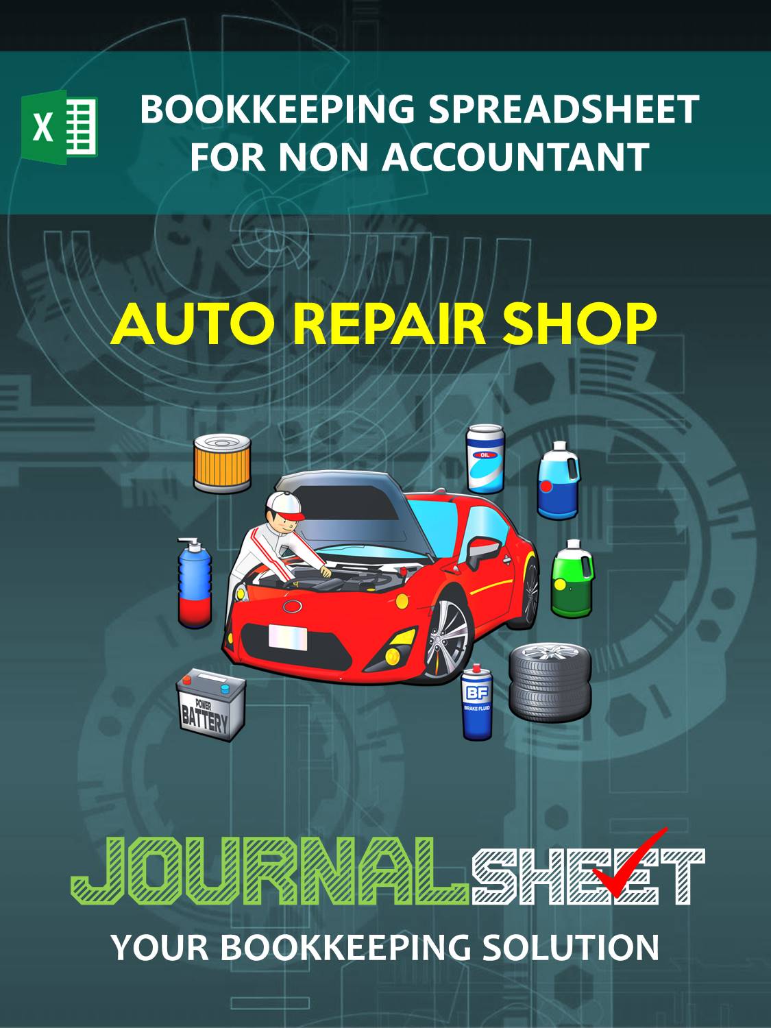 JS205-FNA-XL ◉ AUTO REPAIR SHOP BUSINESS BOOKKEEPING - journalSHEET