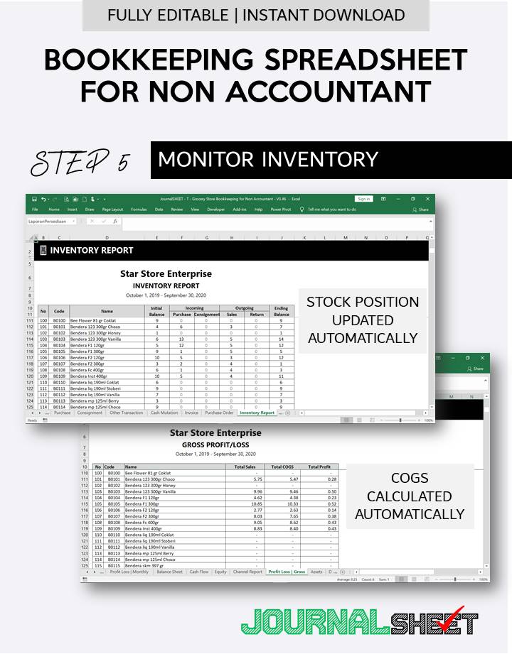 Bookkeeping Spreadsheet for Non Accountant - Inventory Modules