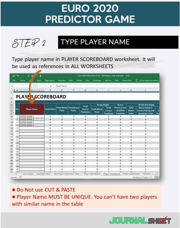 JS801-SS-XL UEFA EURO 2020/2021 PREDICTOR GAME - journalSHEET