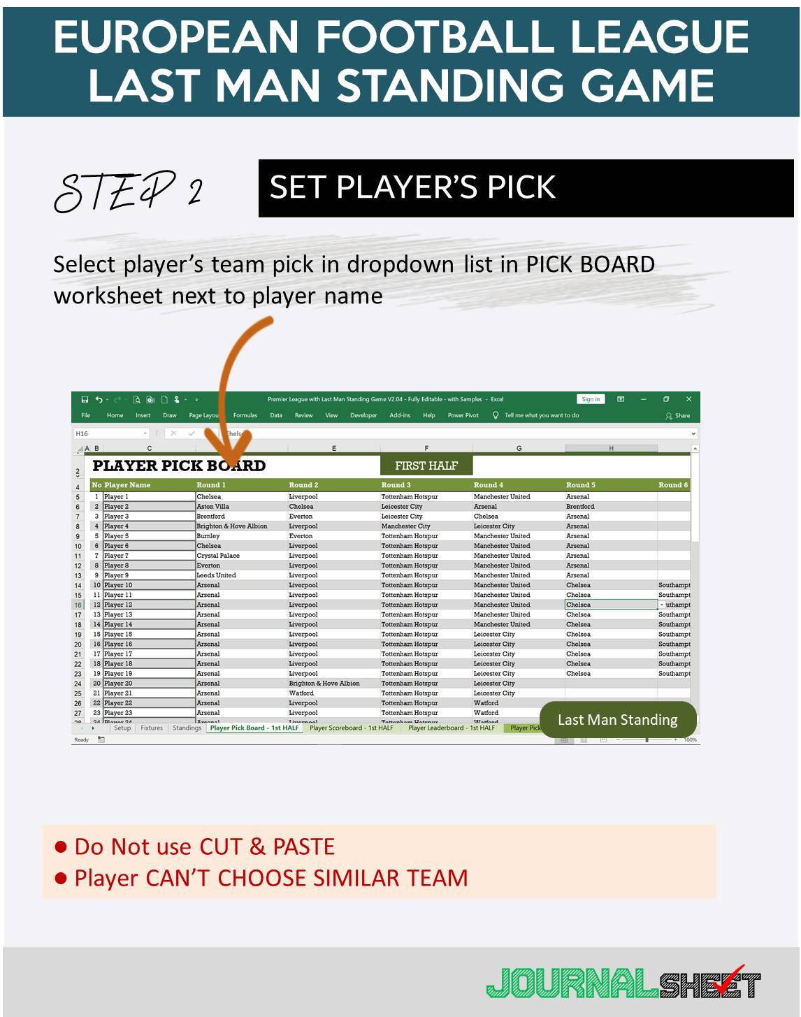 JS808SSXL EUROPEAN FOOTBALL LEAGUE LAST MAN STANDING GAME journalSHEET