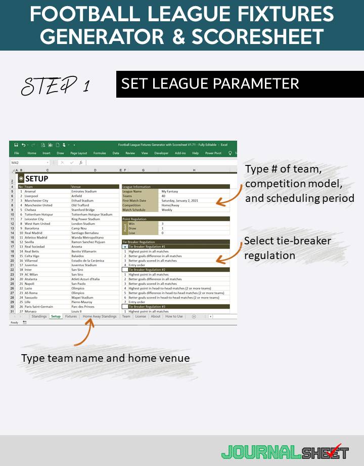 Football League Fixtures Generator and Scoresheet - Setup