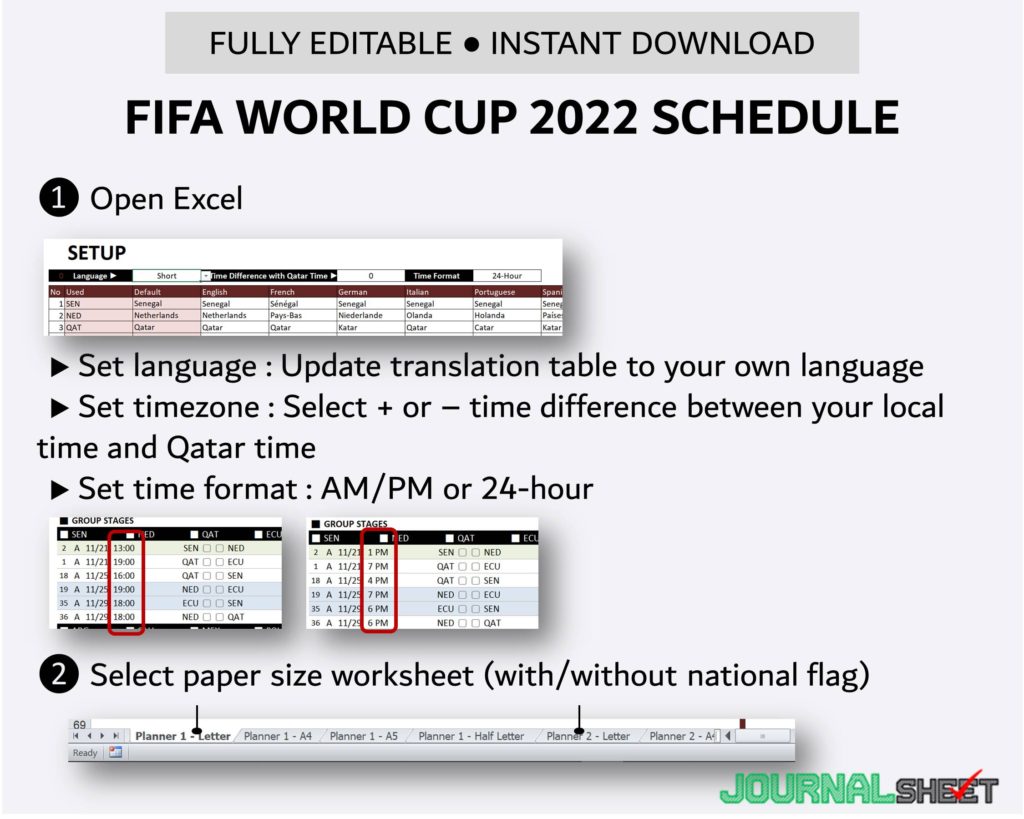 FIFA World Cup 2022 Schedule Planner Insert | Edit Timezone and Language