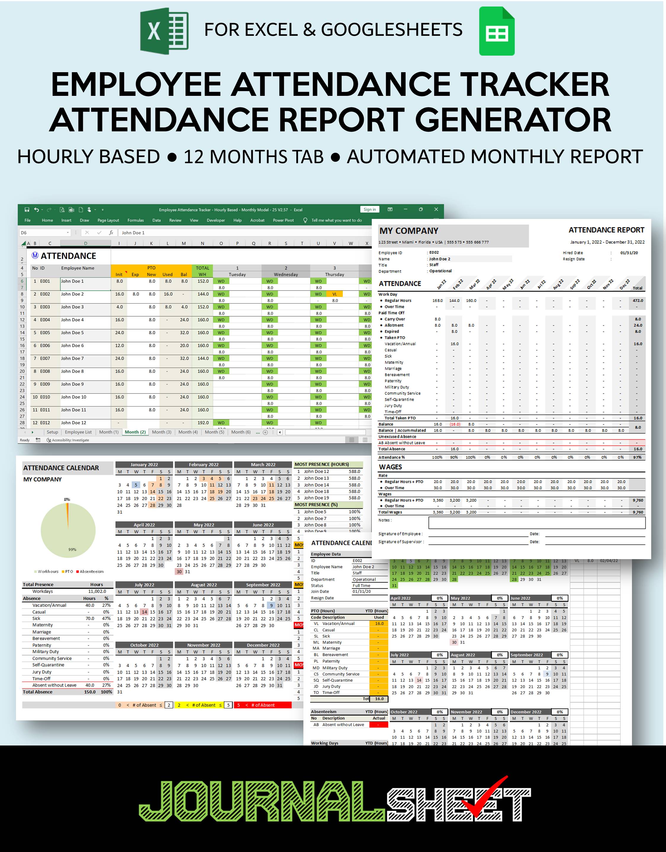 Attendance Record Tracker Template - Hourly - Monthly