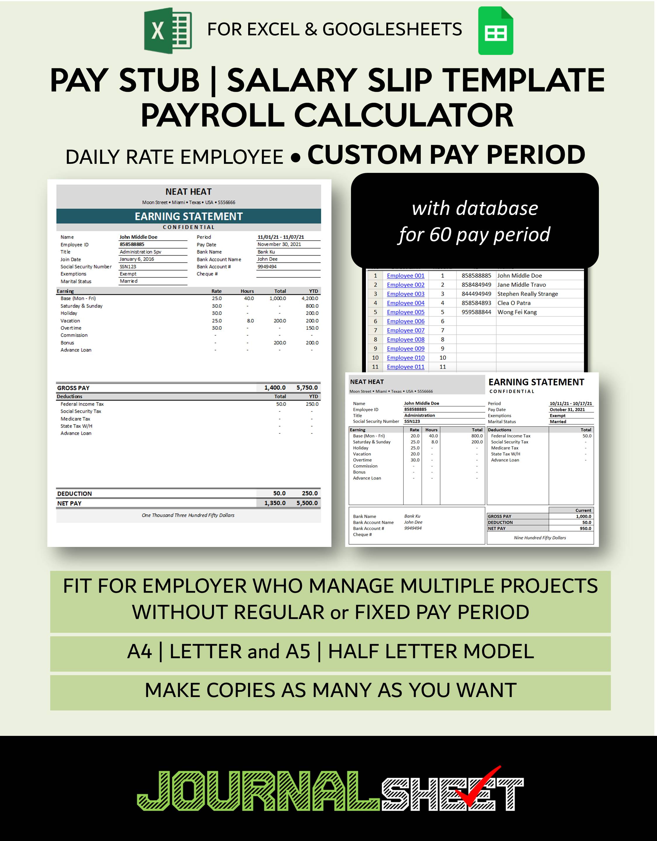 Pay Stub - Salary Slip Template - Daily Rate - Custom Payment Period