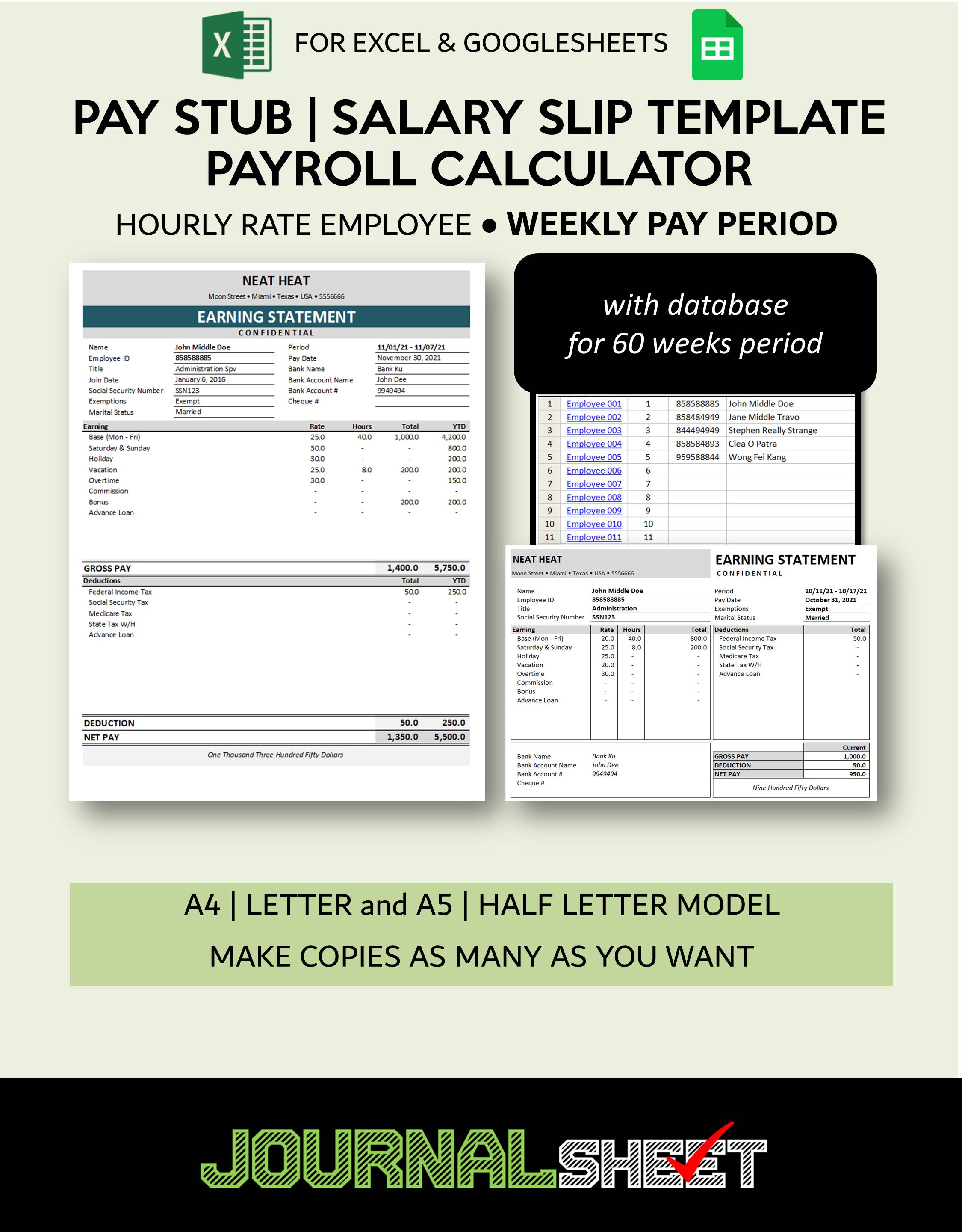 Pay Stub - Salary Slip Template - Hourly Rate - Weekly Payment Period