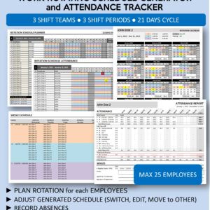 Shift Schedule Maker and Attendance Tracker - 3 Teams 3 Shifts 21 Days
