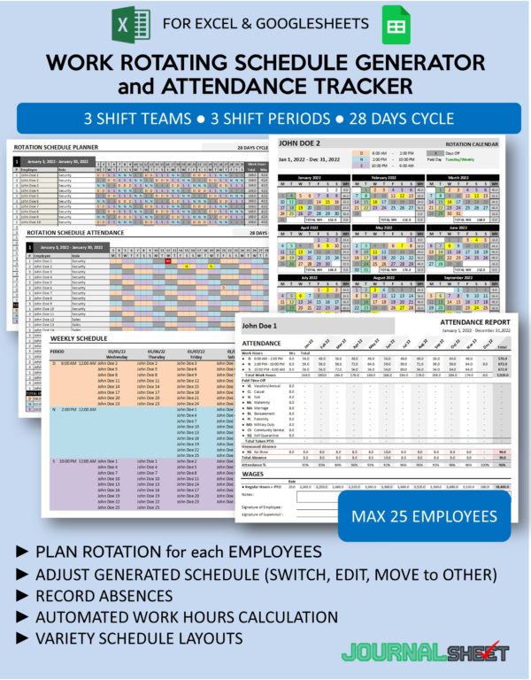 Shift Schedule Maker and Attendance Tracker - 3 Teams 3 Shifts 28 Days