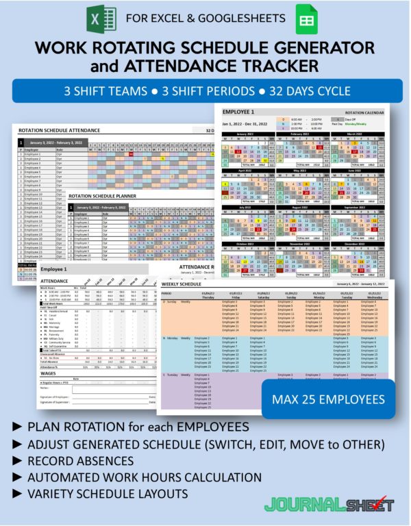 Shift Schedule Maker and Attendance Tracker - 3 Teams 3 Shifts 32 Days