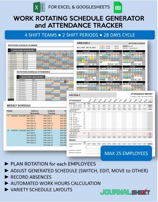 Shift Schedule Maker and Attendance Tracker - 4 Teams 2 Shifts 28 Days