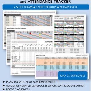 Shift Schedule Maker and Attendance Tracker - 4 Teams 3 Shifts 28 Days