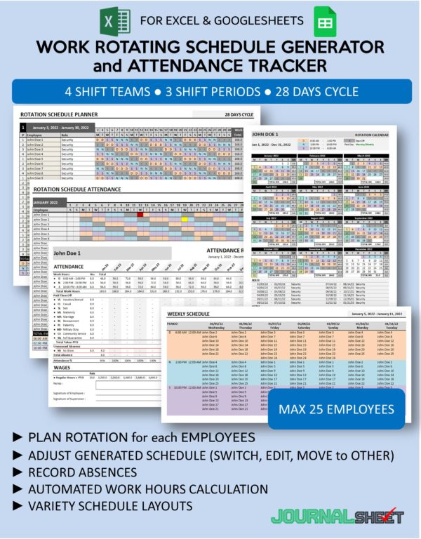 Shift Schedule Maker and Attendance Tracker - 4 Teams 3 Shifts 28 Days